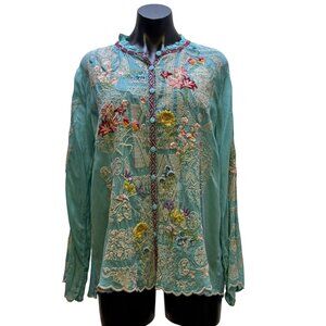 Johnny Was Embroidered Turquoise Multi Blouse Boho Chic Long Sleeve Size L